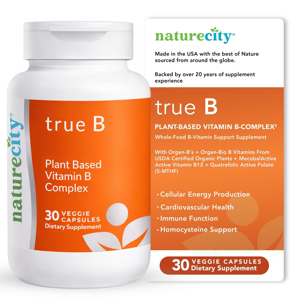 NatureCity True-B Com base em plantas Super B Suplemento Complexo Vitamina □Feita a partir de certificado Oráganic Whole Food Plant Fontes com folato ativo e vitamina B12 - (30 Cápsulas Veggie)