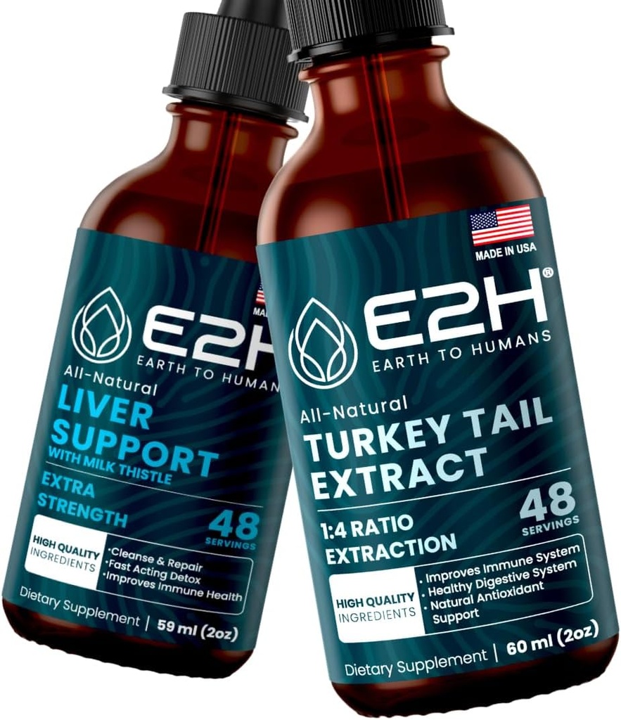 E2H: Suplemento de suporte de fígado e Turquia cauda Mushroom Extract □ Vegan, Não-GMO - 2 Fl Oz Cada (4 Fl Oz Total) - Pacote