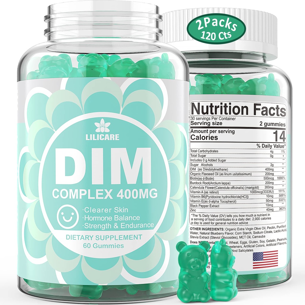 DIM Suplemento Mulheres 400mg, Suplemento de estrogênio para mulheres, Pastilhas de açúcar livre DIM para homens e mulheres + Biotina, Óleo de linhaça, Burdock, Calendula, BioPerine para equilíbrio hormonal, Menopausa & Próstata 120Cts