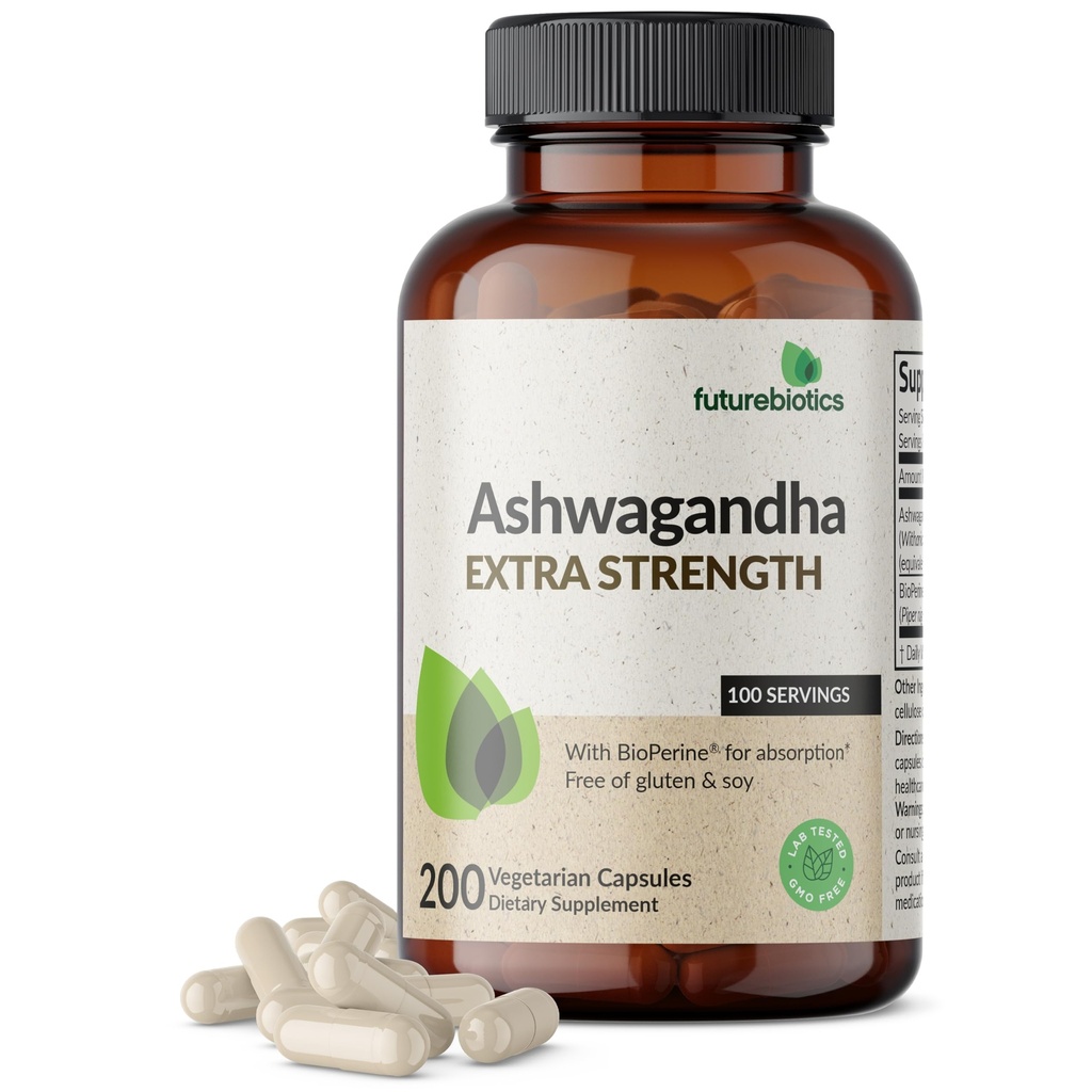 Futurebiotics Ashwagandha Extra Stress & Mood Support com BioPerine - Fórmula não OGM, 200 Cápsulas Vegetarianas