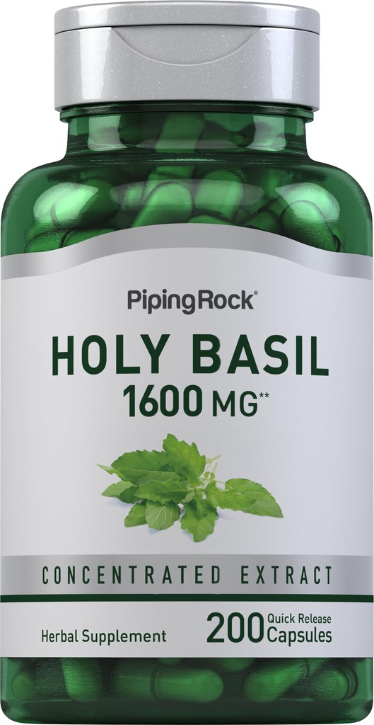 Piping Rock Holy Basil Cápsulas 1600 mg 200 comprimidos Extrato de Folha de Erva, Suplemento para Mulheres e Homens