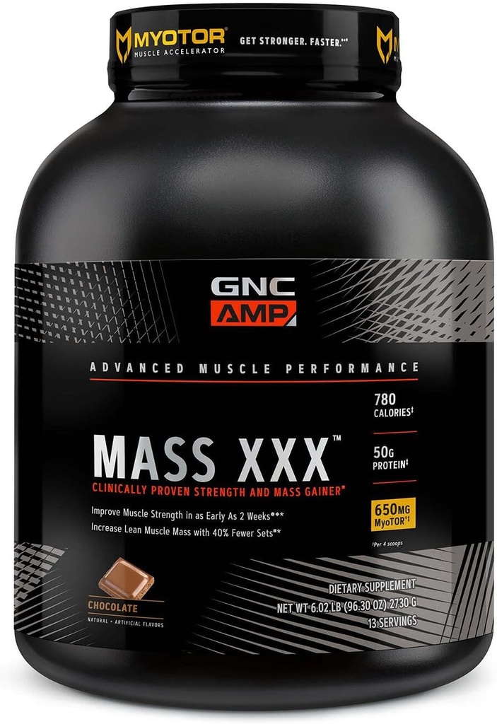 GNC AMP Mass XXX, Clinicamente provado peso Gainer Protein Powder, melhora a força e o tamanho, 780 calorias, 50g de proteína, aminoácidos micronizados, creatina, betaína, chocolate, 13 Servings, 6 libras