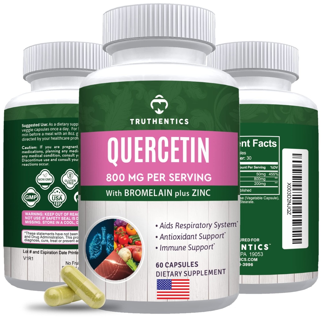 VERTENTICS Quercetin com bromelaína e zinco 1050mg - Premium Zinc Quercetin Supplements for Imune, Respiratory & Sazonal Support - Non-GMO, Gluten Free - 60 Cápsulas Veggie