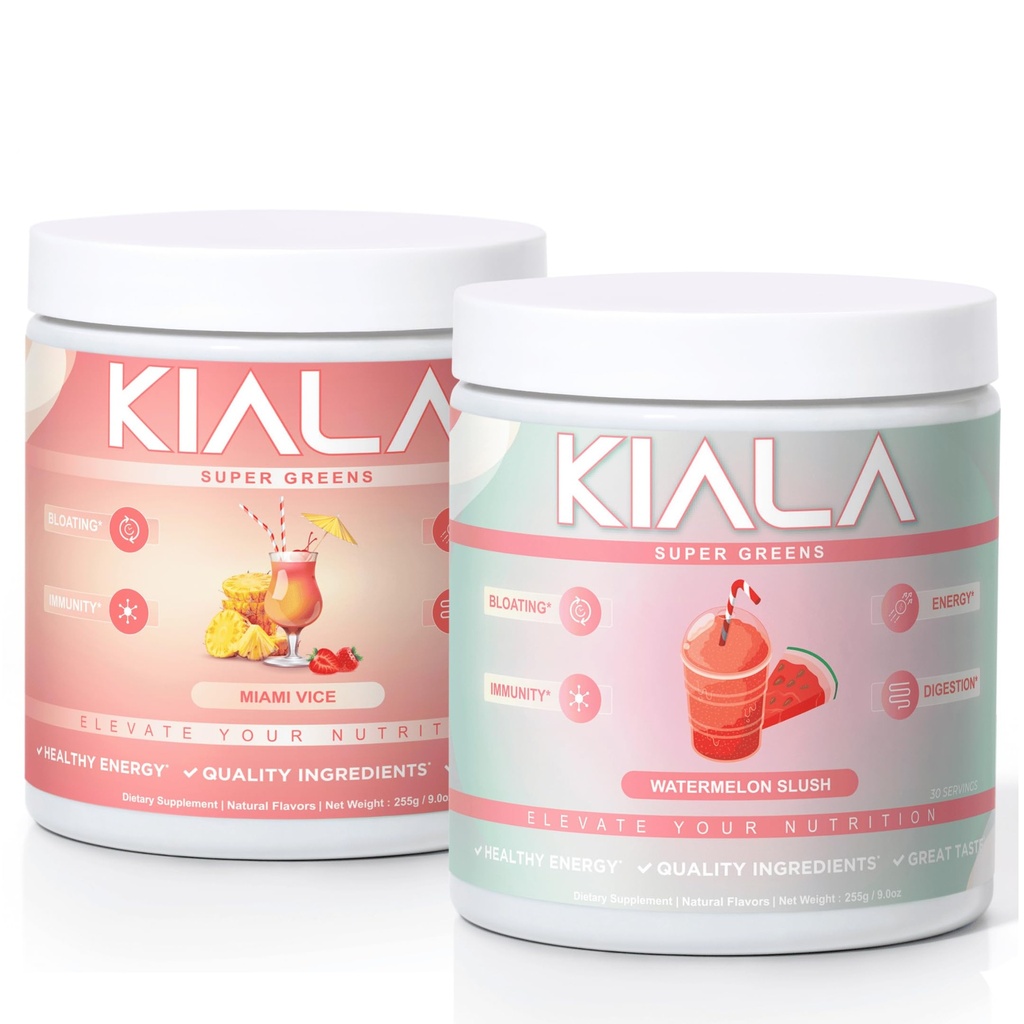 Kiala Nutrition Super Verdes, Verdes Orgânicos Pó, Spirulina & chlorela Superfood Pó, Açúcar & Gluten Free Vegan, Spectra Mistura, Miami Vice, Melancia Slush 2 Pack