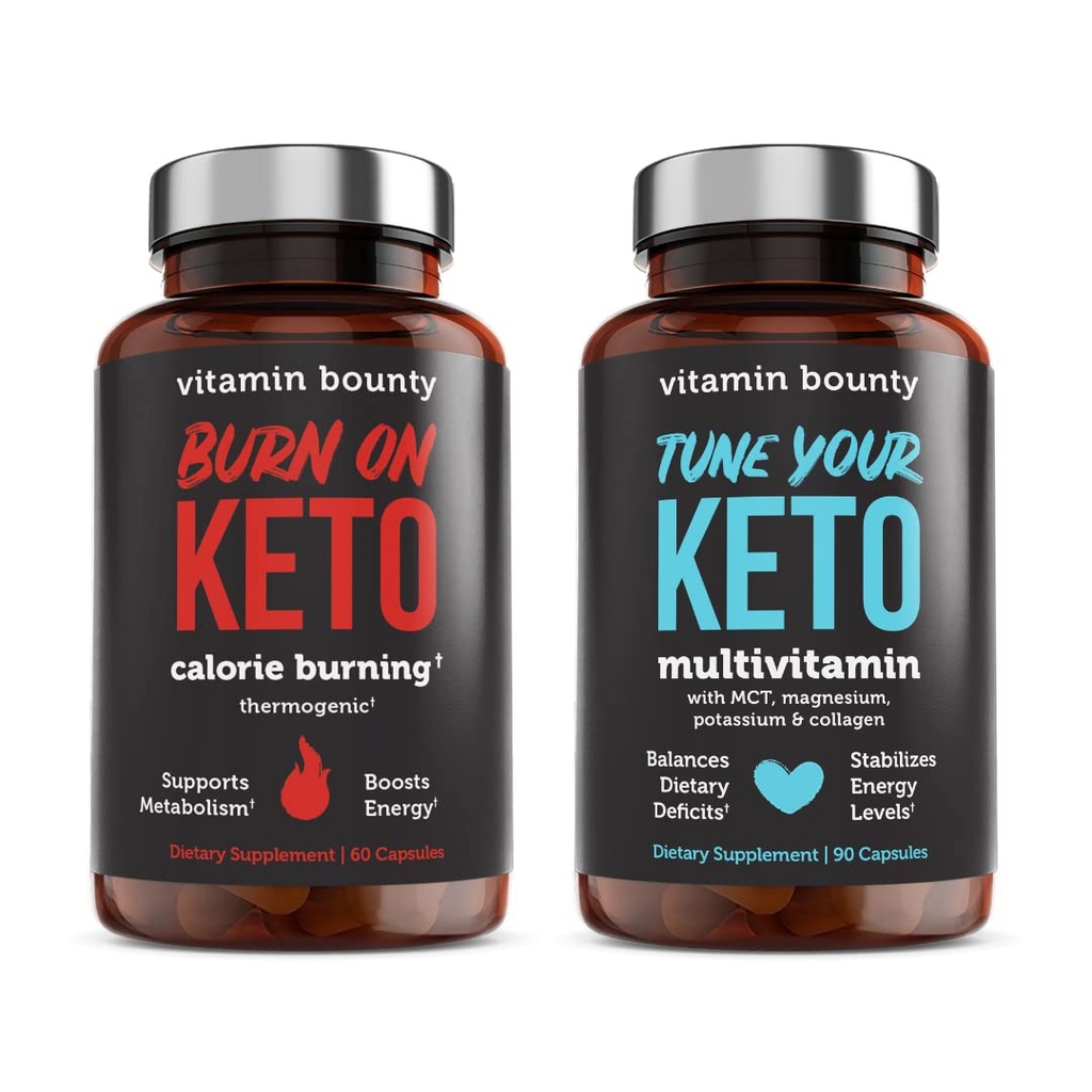 Vitamina Bounty Tune seu Keto e queimar no Keto Bundle - Keto Multivitamin, queima de calorias para mulheres e homens, Cetonas de framboesa Premium, Suporte Energético - Bundle 60 cápsula cada