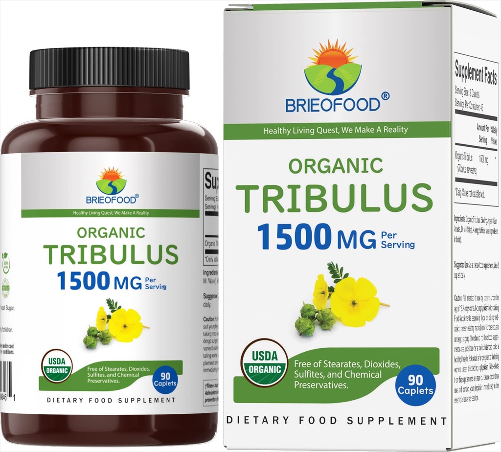 Brieofood Organic Tribulus 1500mg, 45 Servings, Vegetarian, Gluten Free, 90 Comprimidos Vegetarianos