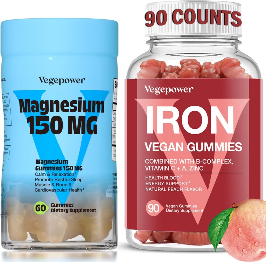 Suplemento de ferro com pastilhas de magnésio, Pastilhas de ferro Vegan com vitamina C, A, B-Complexo, Folato, Zinco para adultos e crianças, para deficiência de ferro, Anemia, Dormir Relaxamento, Não-GMO
