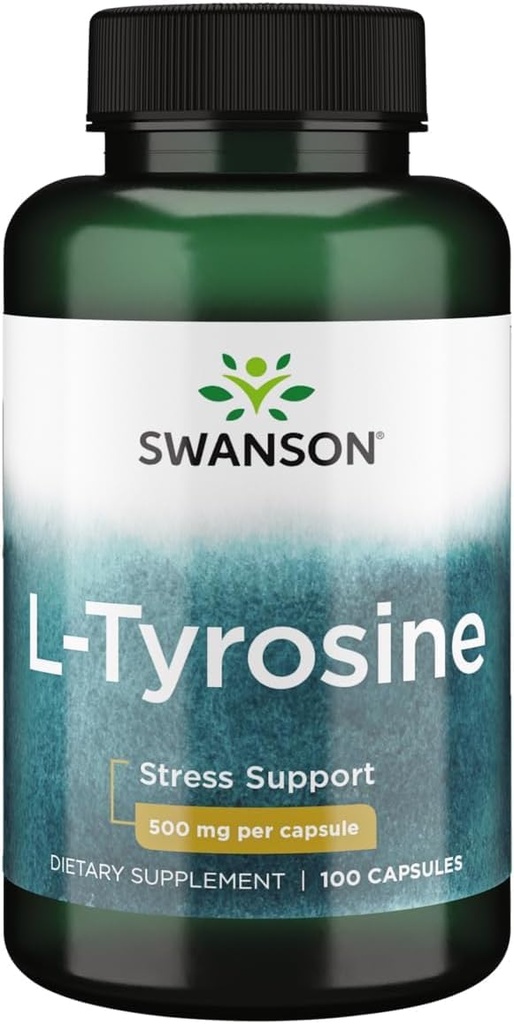 Swanson L-Tirosina - Suplemento Aminoácido Promovendo o suporte ao estresse, função cognitiva e clareza mental - Ajuda a apoiar a saúde geral do cérebro - (100 cápsulas, 500mg cada)