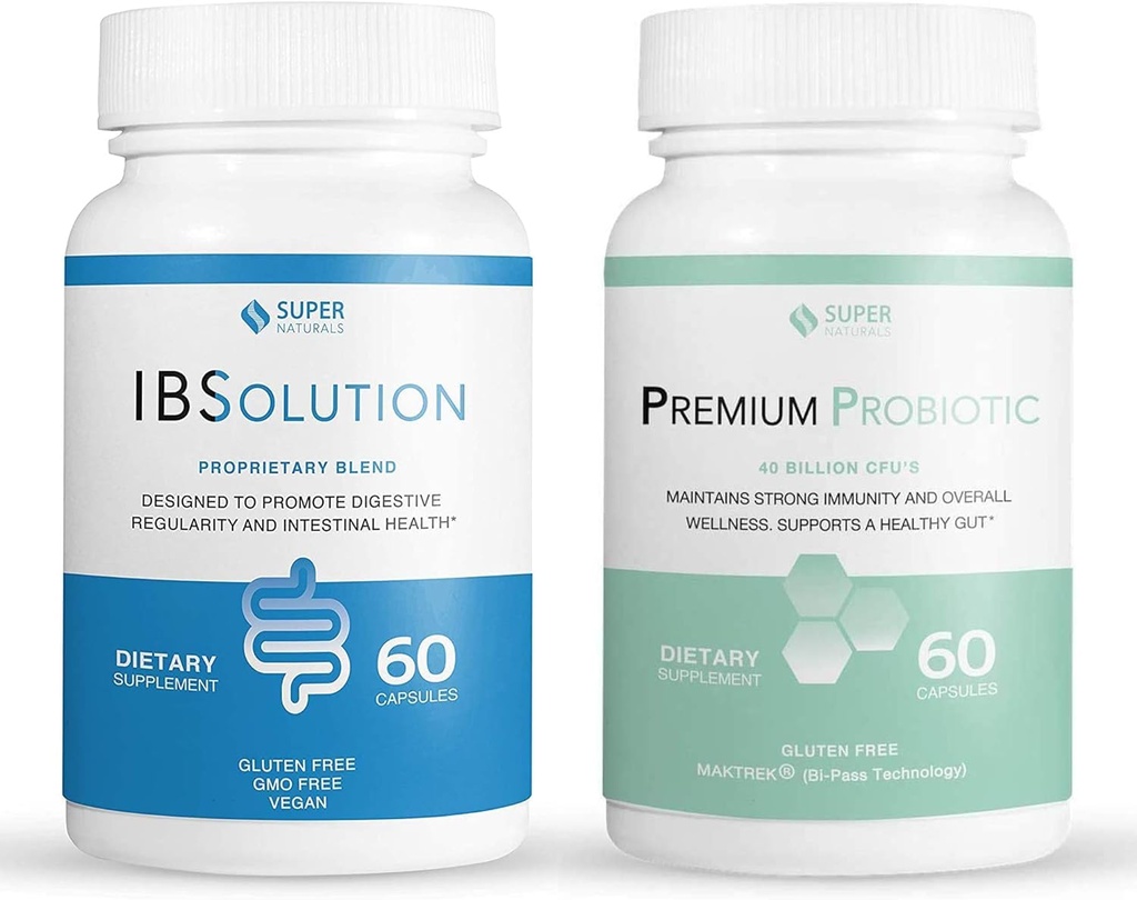 IBSolution Gut Health Bundle - Todos os suportes naturais à saúde do intestino e probióticos Premium w/ 40 bilhões de UFC para o apoio de Bowels Irregular, Bloating, Obstipação, Gás, Dor abdominal - 2 pacotes (120 caps)