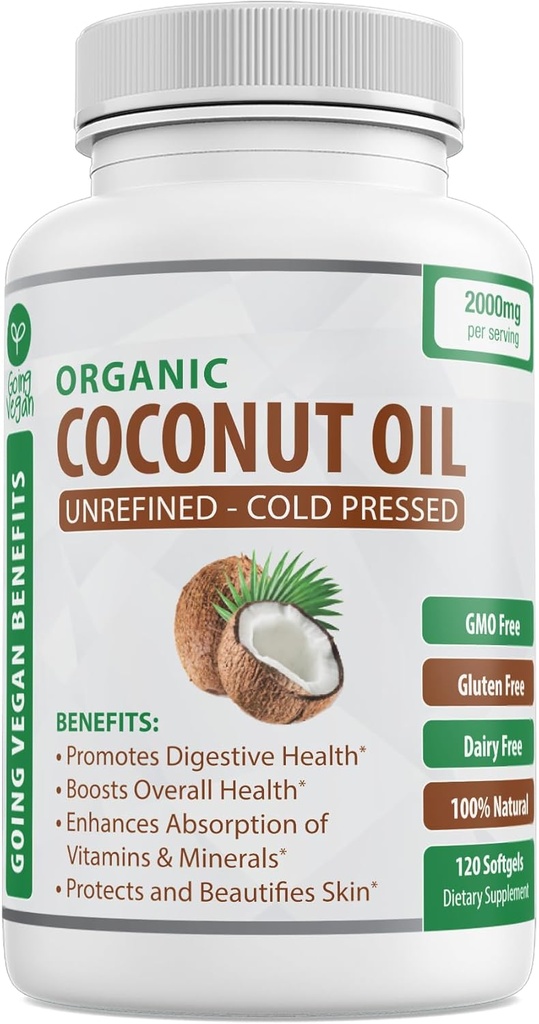 Cápsulas Oleosas Orgânicas de Coco 2000mg - 100% Virgem Extra, Frio Pressionado para Pele Saudável, Crescimento de Cabelo Extra, Cuidado com as unhas, Impulsor Cerebral - 120 Softgels - Pílulas Puras e Não-GMO Não-Refinadas - Rico em MCT