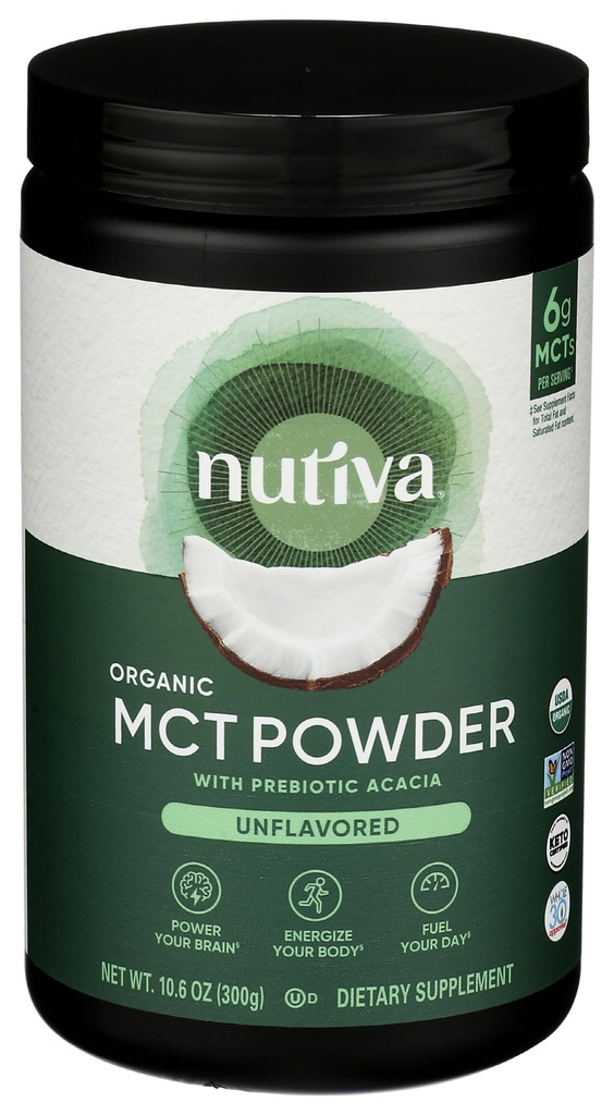 MCT Orgânico Nutiva Pó com Prebiótico Fibra de Acacia, Clássico, 10.6 Oz, USDA Orgânico, Não-GMO, Não-BPA, Vegan, Gluten-Free, Keto & Paleo, Bebidas instantâneas ou Boost para café & smoothies