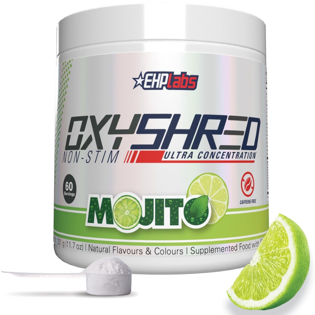 EHP Labs OxyShred não estimulante pré-treino em pó - Stim Free Pré-treino, Cafeína pré-treino gratuito para homens e mulheres - Não Stim pré-treino - Sugar Free Energia em pó - Mojito, 60 Servings