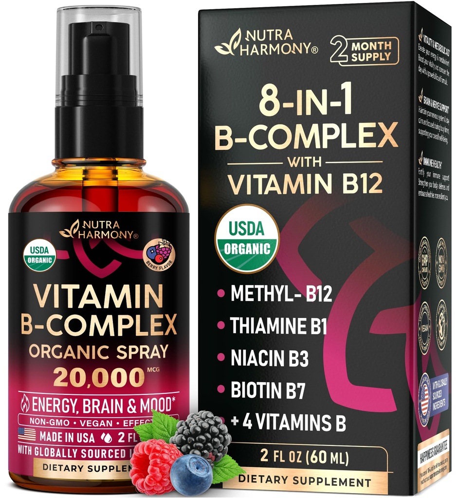 USDA Vitamina B-Complex Liquid Spray 8-em-1 - B5 Ácido pantoténico      , B12 Metilcobalamina , B1 Thiamina , B6 Piridoxina , B7 Biotina , B9 Fólico , B3 Niacinamida - Made in USA Supplement, 2fl oz