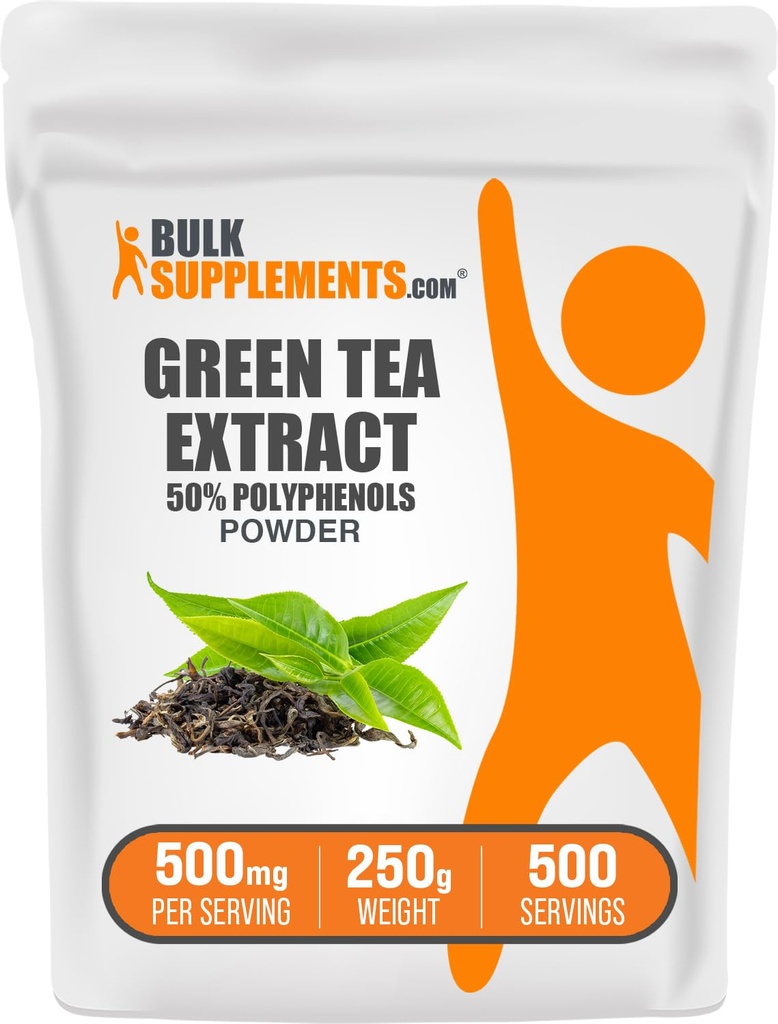 BulkSuplementos.comgreen Tea Extract Powder - 50% Polyfenóis Supplement, EGCG Supplements - Gluten Free, 500mg por serviço, 250g (8.8 oz) (Pack of 1)