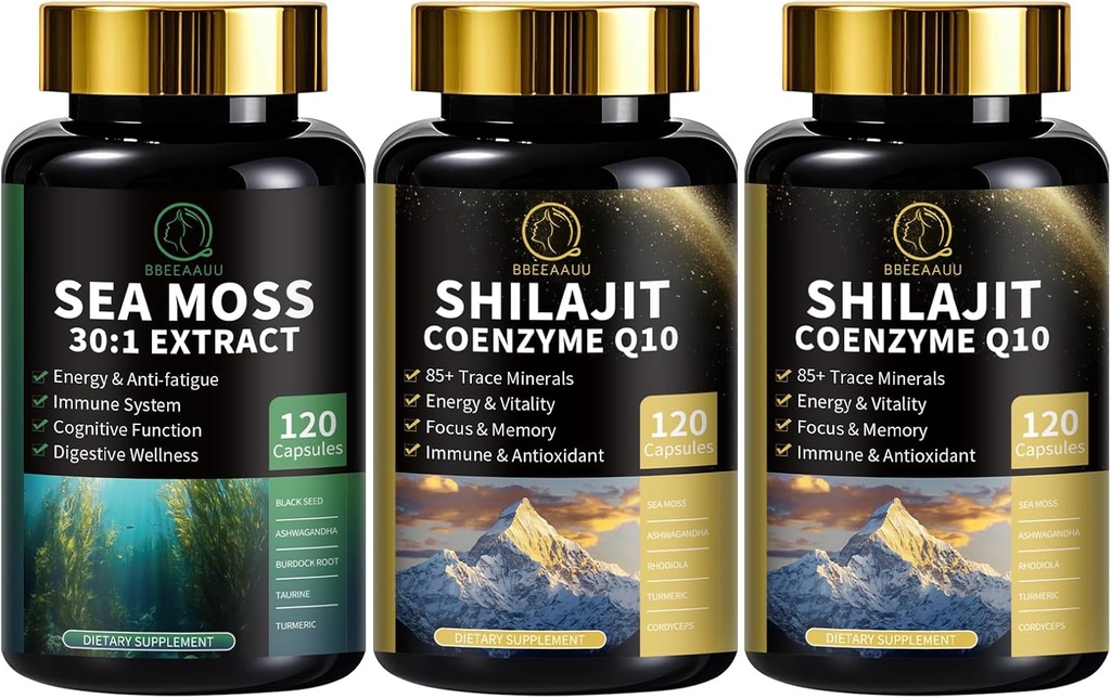 Cápsulas Sea Moss e Shilajit para Homens e Mulheres, Tudo em 1 Suplementos com Shilajit, Sea Moss, Coenzyme Q10, Semente Negra, Ashwagandha, Burdock para Energia, Antioxidante e Suporte Imune