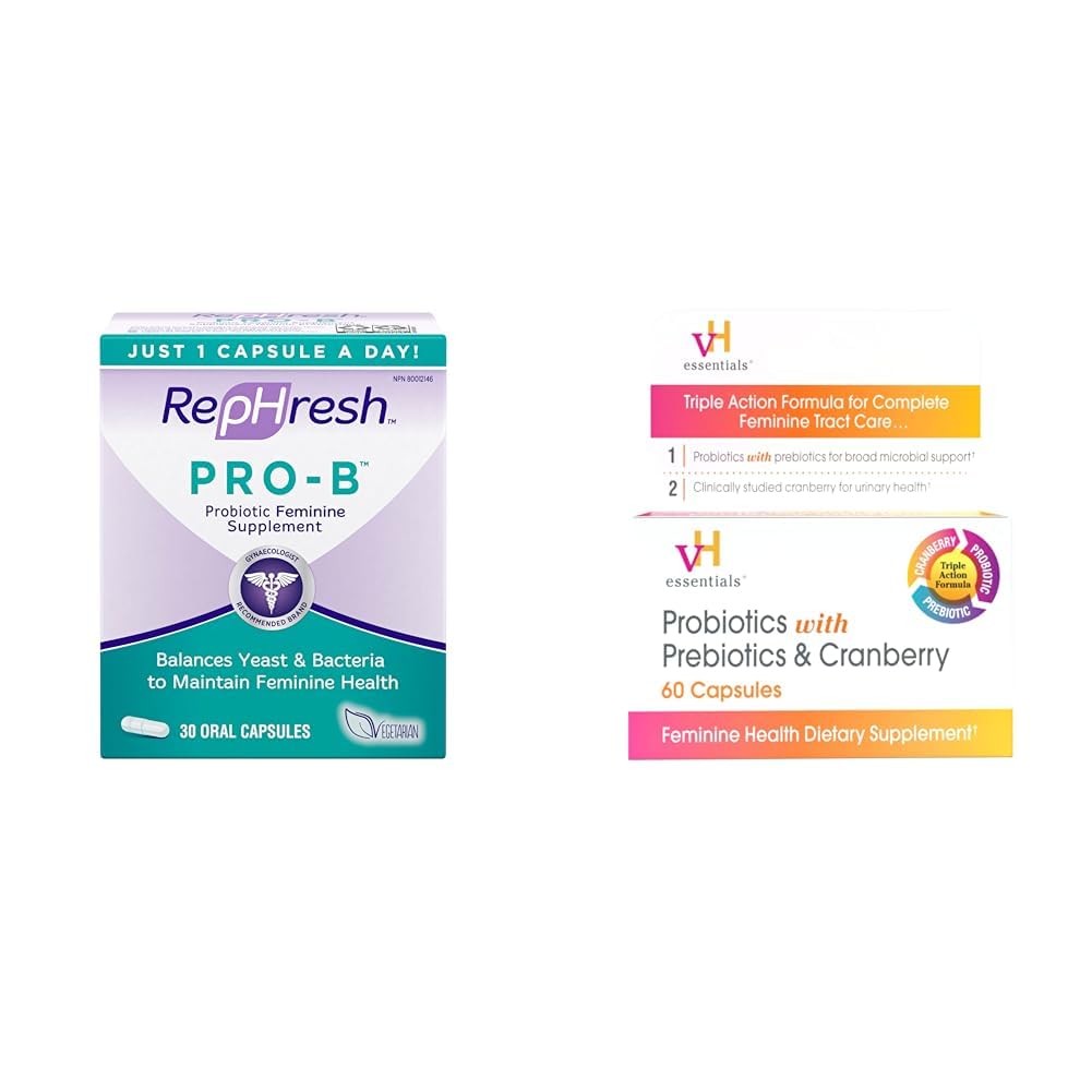 Rephresh Pro-B Suplemento Probiótico para Mulheres, 30 Cápsulas orais e vH Essenciais Probióticos com Prebióticos e Cranberry Suplemento de Saúde Feminina - 60 Cápsulas
