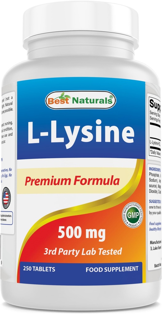 Best Naturals L-Lysine 500 mg 250 Comprimidos (250 Contagem de 2))