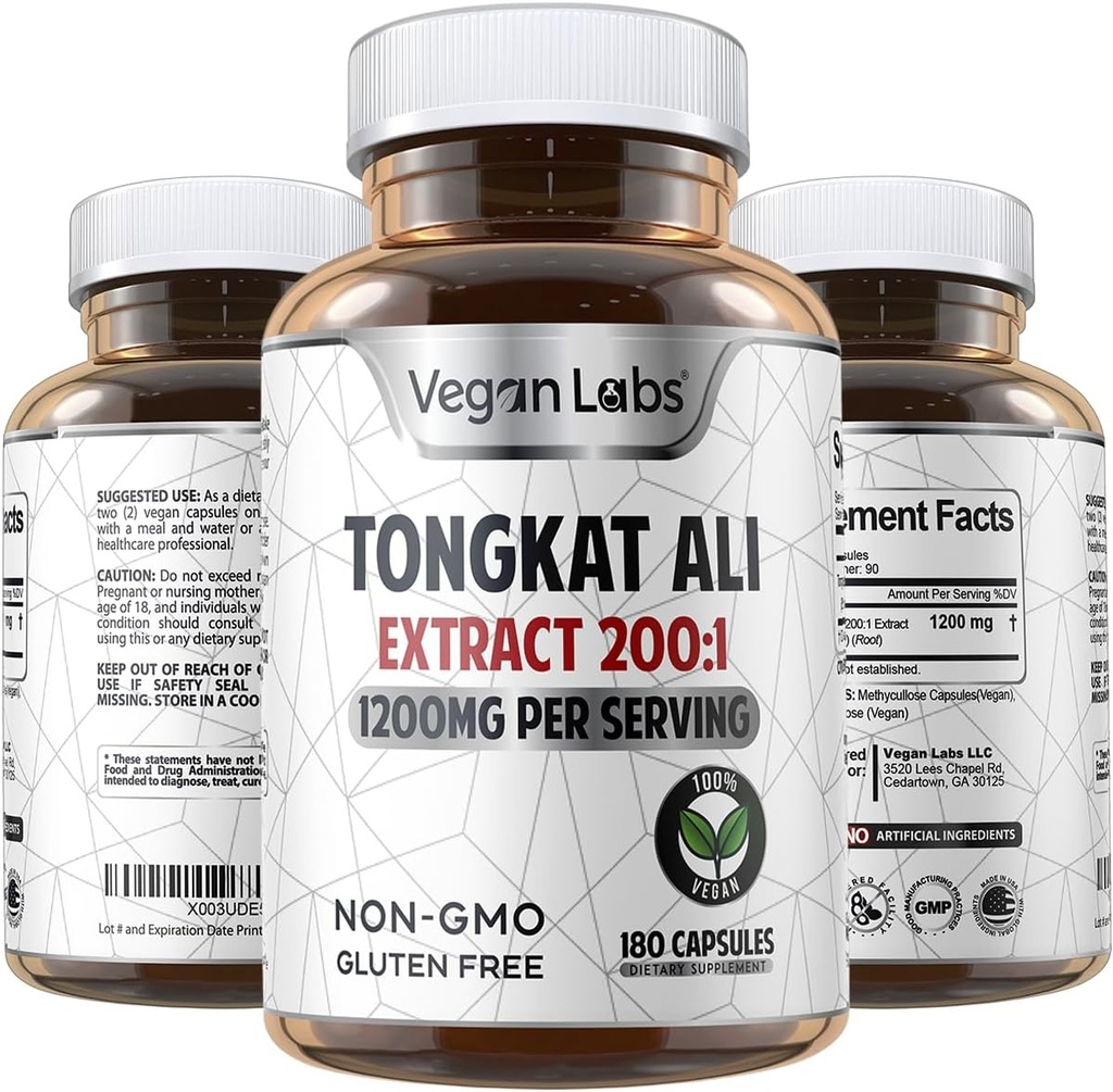 Vegan Labs Tongkat Ali 200:1 Extract, 1200MG Por Servings- 180 Vegan Cápsulas- Suporta Energia e resistência- Gluten Free, Suplemento de qualidade não-GMO Premium