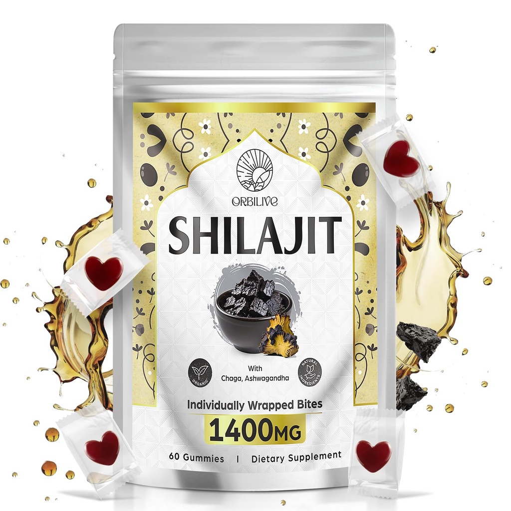 1400 MG Shilajit Gummies, Shilajit Puro Himalaia Gummies Orgânico com Ashwagandha, Himalayan Shilajit para homens, 85+ Trace Minerals & Ácido Fulvico, Envolto individualmente, Livre de açúcar, 60 Condes
