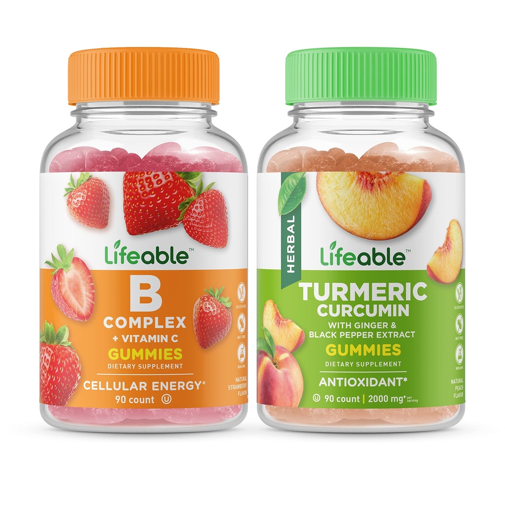 Complexo B vitalável + Curcumina Turmérica, Gummies Bundle - Grande degustação, Suplemento Vitamina, Gluten Free, GMO Free, Mastigável