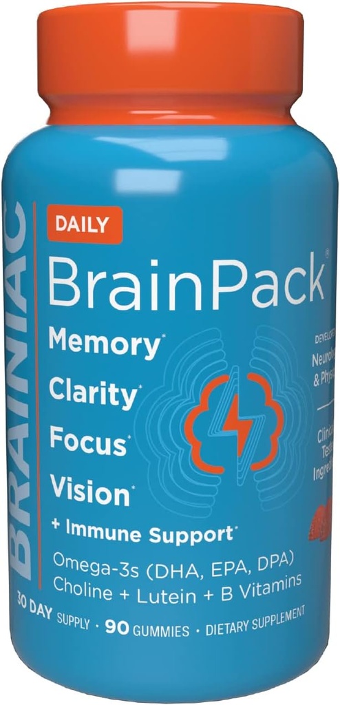Brainiac Daily BrainPack Gummies, Suporta Saúde do Cérebro com Omega 3 DHA EPA DPA, Choline, B6 & B12 e Lutein para Saúde dos Olhos com Suporte Imune, Citrus Berry Flavor, 90 ct