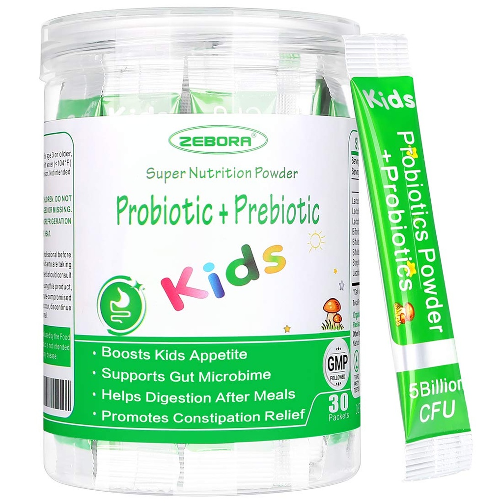 ZEBORA Kids Probiótico & Prebióticos Pó Idade 3+ Apoiar Sistema Digestivo e Imune Infantil com Fonte Natural, Promove alívio de constipação, Não-GMO, Gluten-Free, 30 pacotes com 5 bilhões de UFC