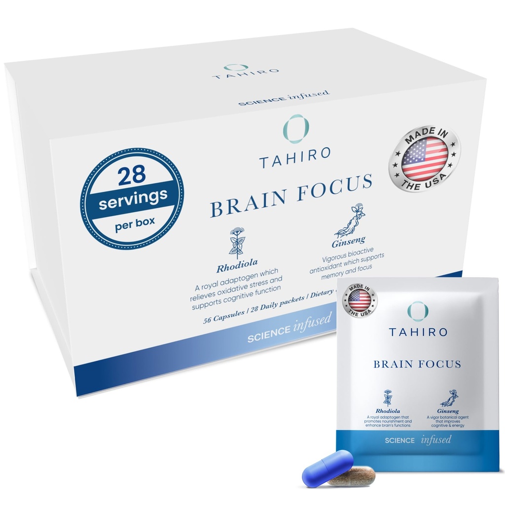 TAHIRO Brain Focus Supplement – Suplementos cerebrais para memória e foco – Suplemento de suporte cerebral natural com Gingko Biloba, Panax Ginseng, extratos de ervas – não-GMO Vegan Brain Booster – 28-Packets