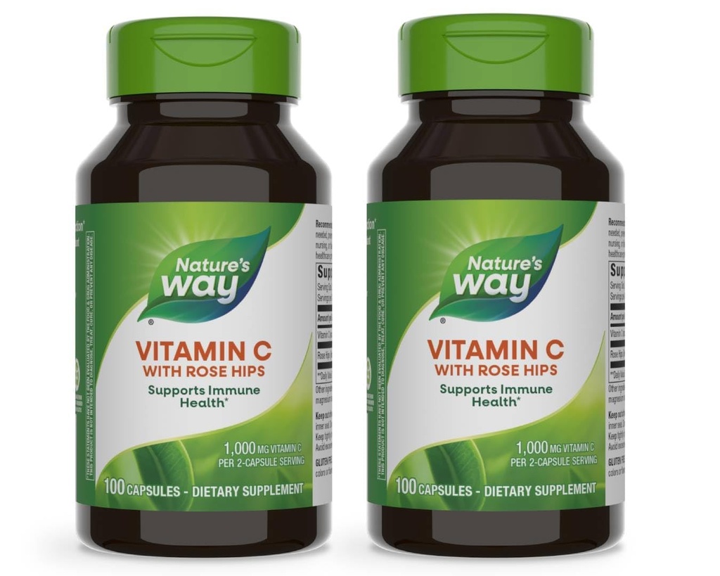 Vitamina C da maneira da natureza com rosa HIPS, antioxidante poderoso e apoio da função imune de vitamina C *,Promove colagénio para pele saudável *, 100 cápsulas (embalando Vary maio) - 2 embalagem