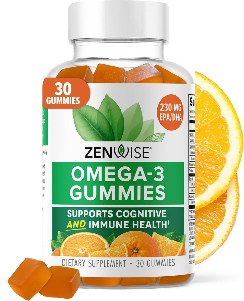 Zenwise Health Omega 3 Gummy Supplement - Suplemento Omega 3 arroto com DHA & EPA ácidos gordos para a saúde imune - óleo de peixe de origem sustentável, óleo de linhaça e vitamina E - 30 chicletes