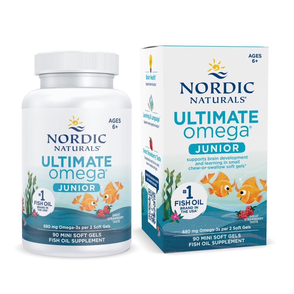 Nórdico Naturals Ultimate Omega Jr., Morango - 90 Mini Geles Macios - 680 Total Omega-3s com EPA & DHA - Saúde do Cérebro, Humor, Aprendizagem - Não-GMO - 45 Servings