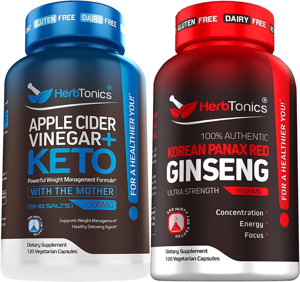Herbtónicas Apple Cider Vinagre Cápsulas Plus Keto BHB Burner de gordura e perda de peso Suplemento para Mulheres e Homens - Ginseng de alta resistência Extrato vermelho coreano Panax - Suporte ao desempenho para homens e mulheres
