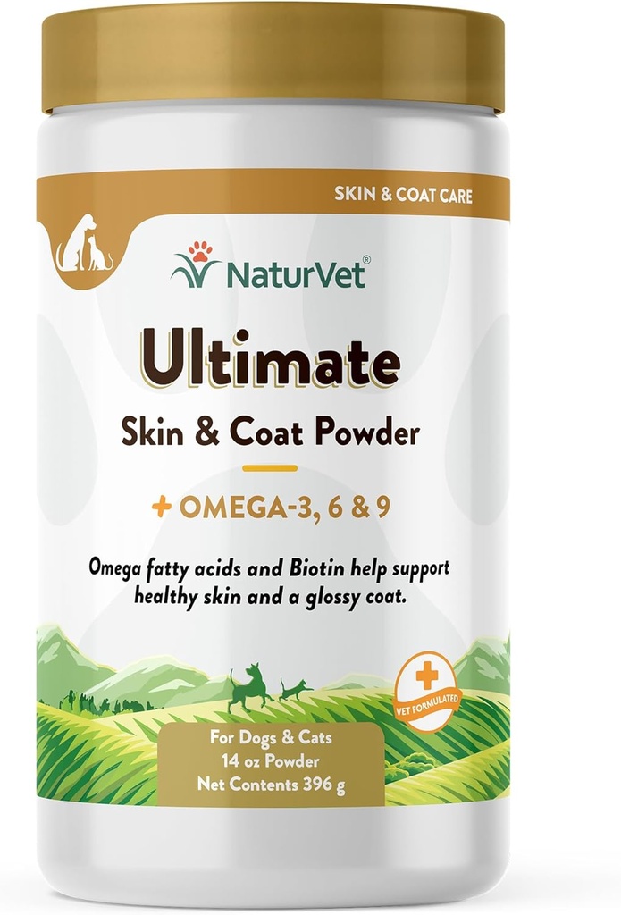 NaturVet Ultimate Skin and Coat Powder Plus Omega 3, 6 e 9 Suplemento para cães e gatos, Pó, Made in the USA with Globally Source Ingredients 14 Ounce