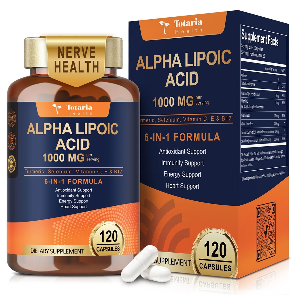 Totaria Alpha Lipoic Acid 1000mg - Antioxidante Suplemento ALA para Neuropatia Apoio Nerve Saúde, Detox Fígado, Antioxidante, Metabolismo e Energia Celular, Anti-envelhecimento - Não-GMO, Glúten Livre, Vegan Seguro