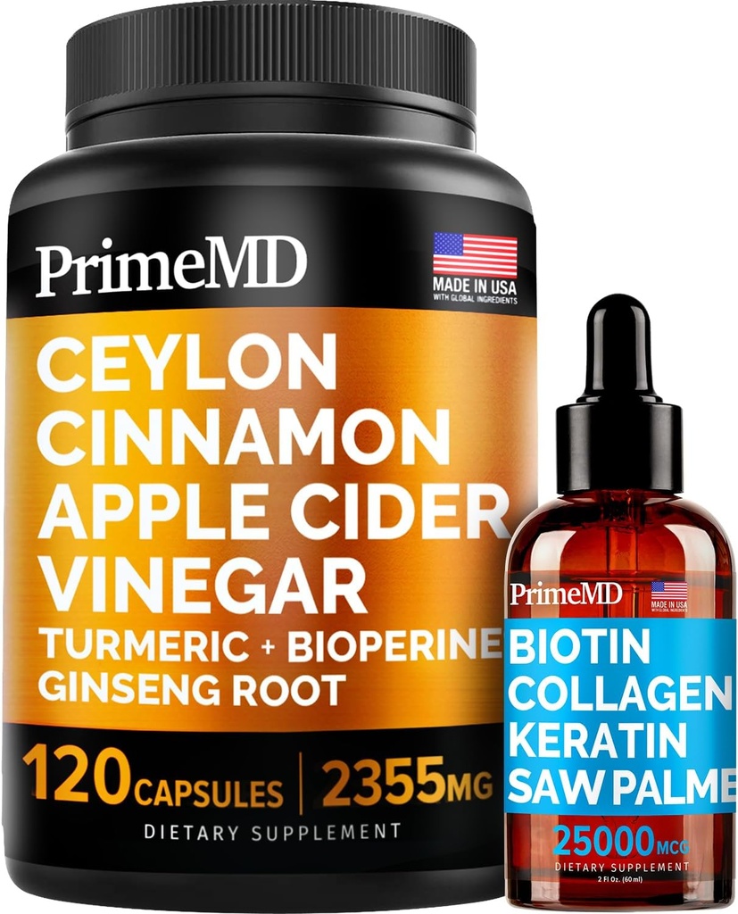4-em-1 líquido biotina Colágeno queratina serra Palmatto gotas (2 fl oz - 1 embalagem) e 5-em-1 Ceilão canela w Açafrão & Ginseng raiz (120ct) pacote - cabelo, pele, unhas, & Immune suporte Suplemento