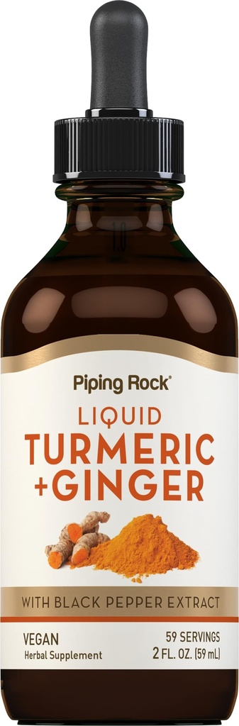 Piping Rock Turmeric e Ginger Liquid Drops 2 Fl Oz Suplemento Tintura com Extrato de Pimenta Preta Vegan, Não-GMO, Sem glúten