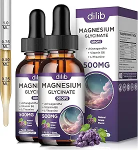 (2 Pack) Glic Drops de magnésio 500mg, com Vitamina B6, Ashwagandha, L - Theanina, Camomila, Suplemento de magnésio Glycinate Alta Absorção para Sono, Stress, Mood Energia - Sabor de uva