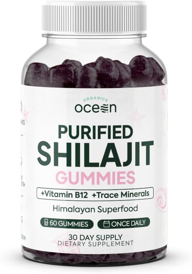 Orgânicos Oceano Shilajit para Homens e Mulheres - Suplemento Natural com Vitamina B12, Crómio e Selênio para Defiing Idade, Energia, Suporte Hormônio e Mais - 60 Chicletes Shilajit