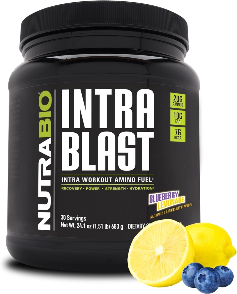 NutraBio Intra Blast Bcaa Powder Amino Acid Supplement, Electrolyte & Hydration Blend, Intra, Pre Workout & Muscle Recovery, 20g Eaa Amino Acids Powder, 5g Glutamina- Limonada de mirtilo, 30 Serving