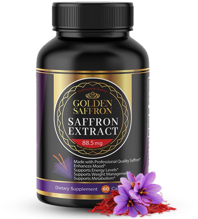 Golden Saffron Saffron Extract Cápsulas - Suplementos Premium Saffron - 88,50 mg Pílulas Puras de Açafrão - Suporte ao humor - Suporte aos olhos - Equilíbrio Emocional, Foco e Saúde dos Olhos Made in the USA - 60 Cápsulas