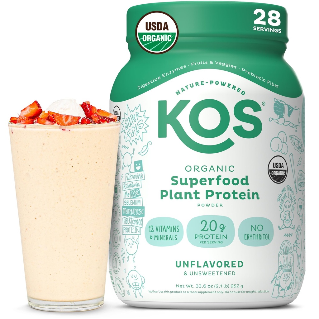 KOS Vegan Protein Powder, Unflavored & Undoced - Low Carb Pea Protein Blend, Orgânico Superfood Rico em Vitaminas & Minerals - Keto, Soja, Laticínios Grátis - Substituição de Refeição para Mulheres & Homens - 28 Servimentos