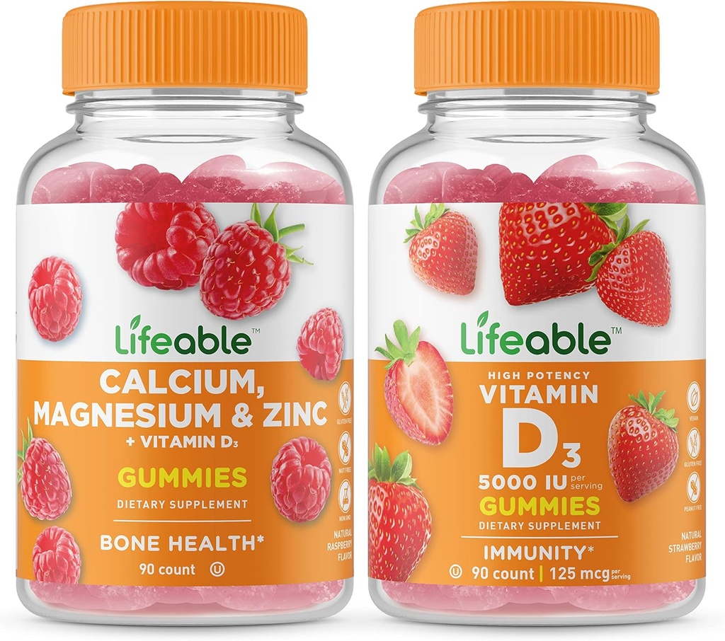 Cálcio vitalício, Magnésio, Zinco e Vitamina D + Vitamina D 5000 UI, Gummies Bundle - Grande Degustação, Suplemento Vitamina, Glúten Livre, GMO Livre, Mastigável