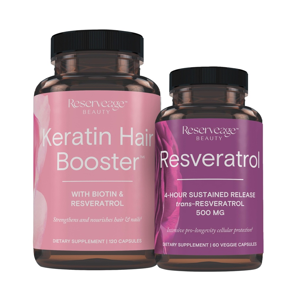 Nutrição de reserva Booster de cabelo queratina com Biotina e Resveratrol, Suplemento de crescimento de cabelo e unhas, 120 Cápsulas (60 Servings) & Resveratrol 500 mg, Suporta Envelhecimento saudável e sistema imunológico