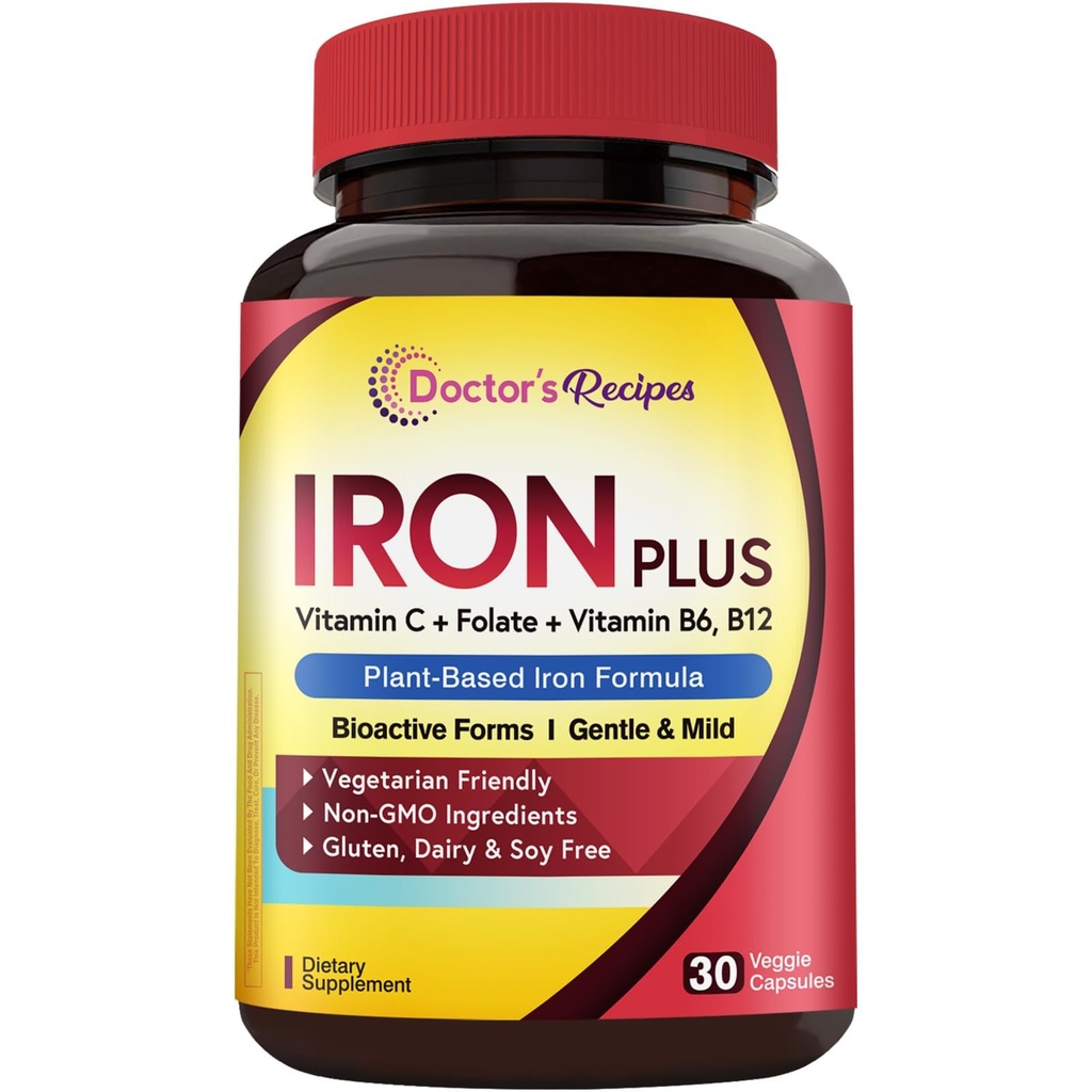 Doctor's Recipes Suplemento de Ferro para Mulheres Homens - Gentil Bisglicinato de Ferro com Vitamina C, B6, Folato & B12 - Não Constipação & Estômago Friendly Pills Ferro para Sangue e Apoio Energético, 30 Caps Vegan
