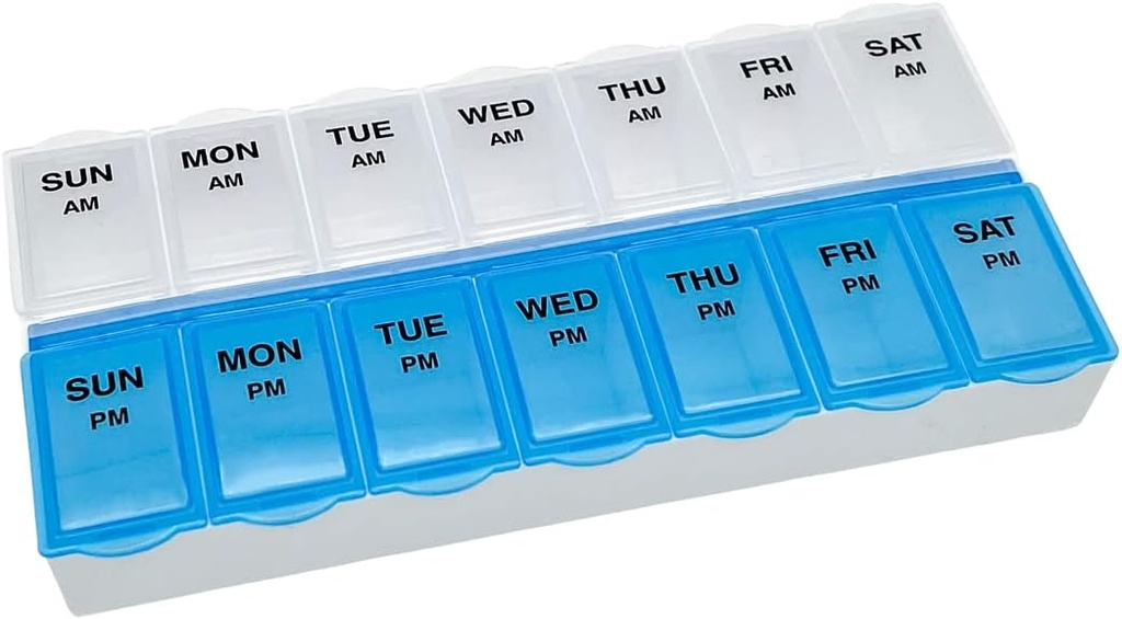 Cuidados Básicos (7 dias) Organizador de comprimidos AM/PM, Caso Vitamina, e caixa de medicina, grandes compartimentos, 2 vezes por dia, azul e claro Lids