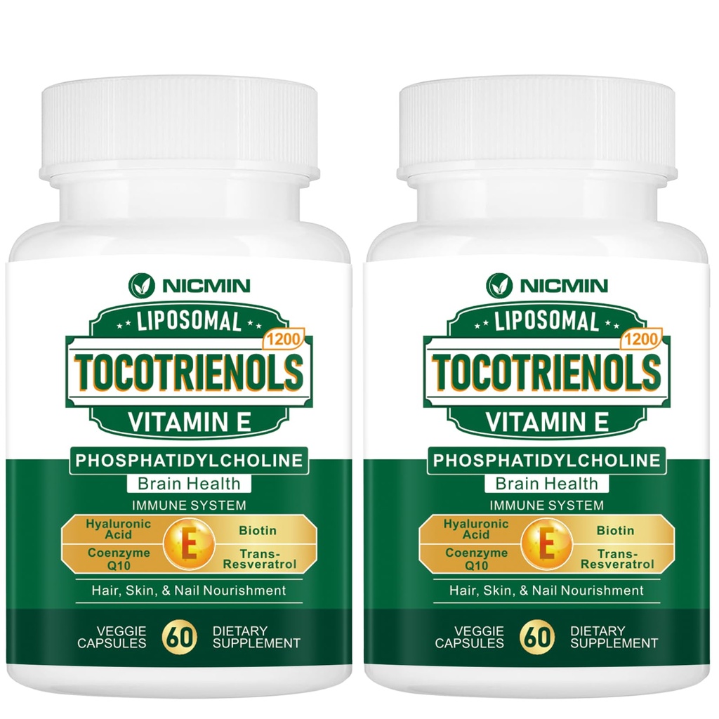 1200MG Vitamina E Tocotrienols Suplemento de tocotrienols lipossómicos com Fosfatidilcolina, Delta-tocotrienols 95% e Gamma-tocotrienols 5%, alta absorção para o coração, função cerebral 120 Cápsulas