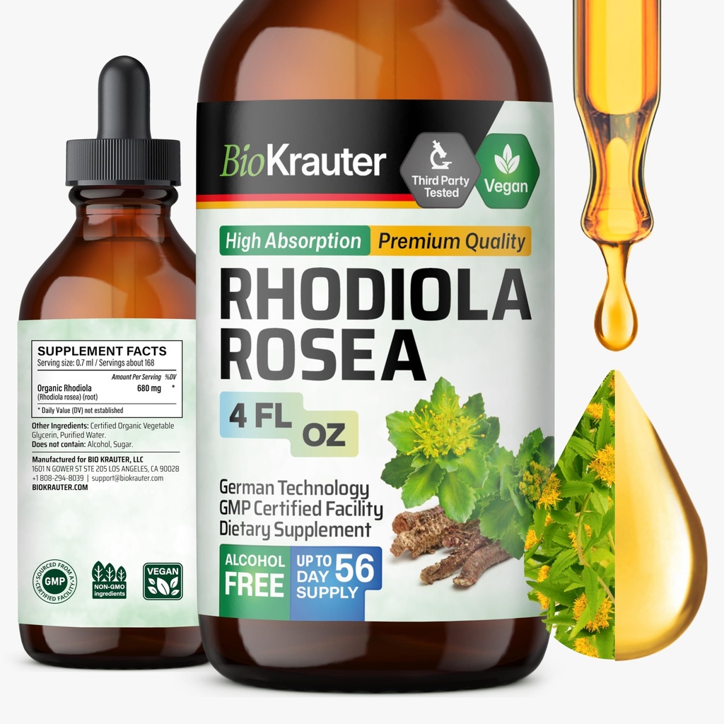 BIO KRAUTER Rhodiola Suplemento Líquido - Puro Rhodiola Rosea Tintura para apoio à calma - Álcool & Açúcar Extrato Livre - 4 Fl.Oz.