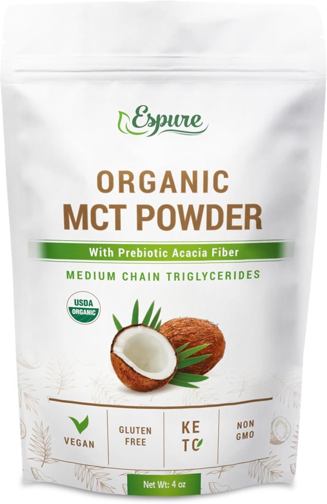 Pó orgânico MCT - USDA Certiifed Orgânico; com Prebiótico Fibra de Acacia; 4 onças
