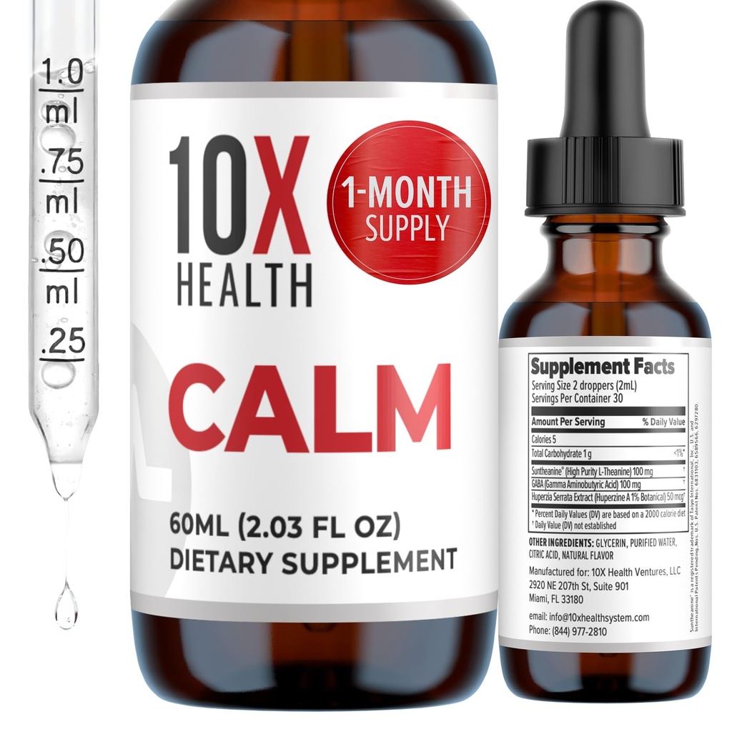 10X Health Calm L Theanina Supplement Liquid Drops - 100mg L'Theanina Drops & 100mg Suplementos GABA para apoiar nervos, calma e estresse - sabor natural 2.03 Fl oz.