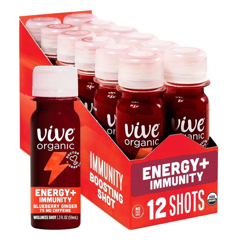 Vive Energia Orgânica Tiro + Suporte Imune, Defesa Imune com Ashwagandha, Chá Verde & Cafeína, Glúten Livre, Vegan, Energia e Foco, 2 Fl Oz (Pacote de 12)