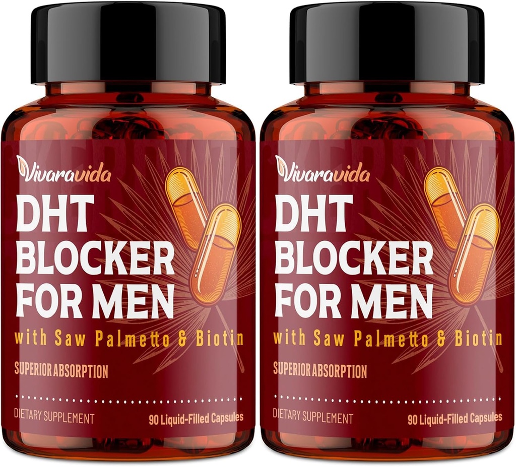 Bloqueador DHT para homens Suplemento de crescimento de cabelo com serra Palmetto & Biotin - Vitaminas de crescimento de cabelo - Recrescimento de cabelo - Suplementos de perda de cabelo natural Líquido-preenchido - Proprietário mistura de ervas (180 Cápsulas)